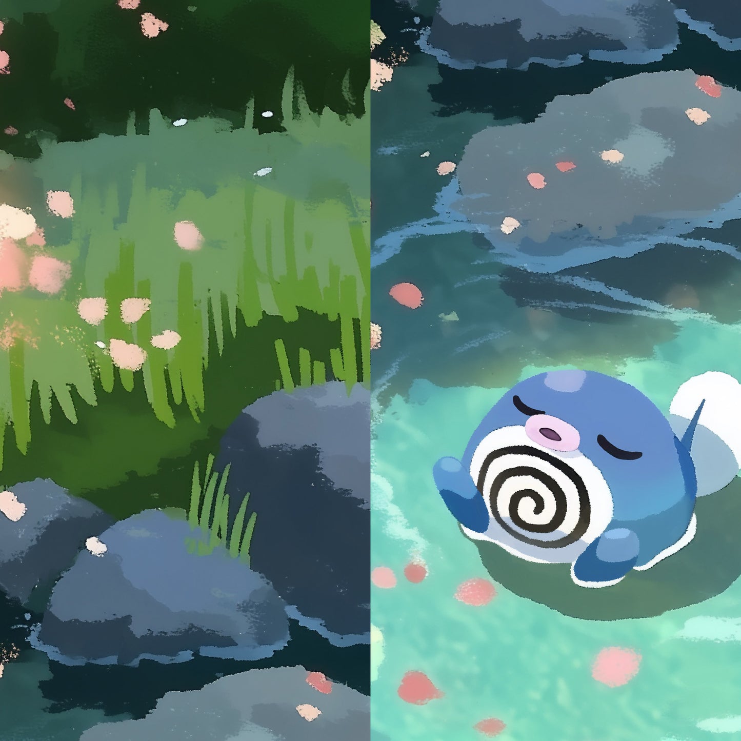Poliwag's Peaceful Float Under the Sakura Posters